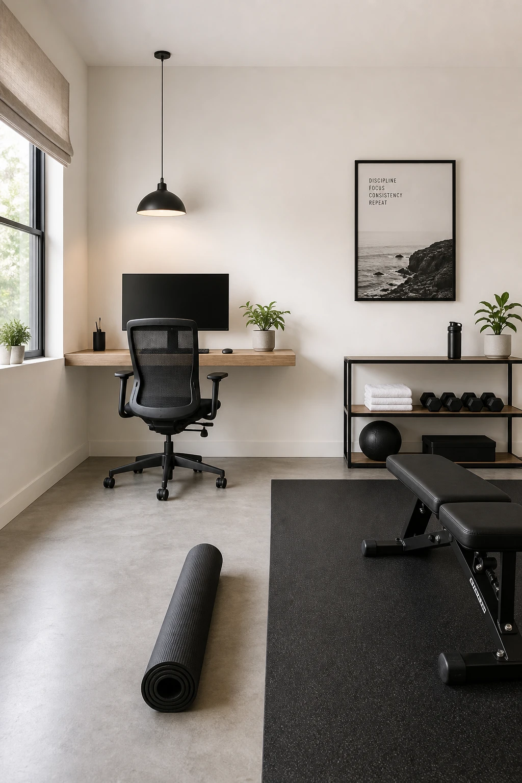Minimalist home office gym combo with a compact dual zone layout showing a desk area and workout space side by side in a small bright room