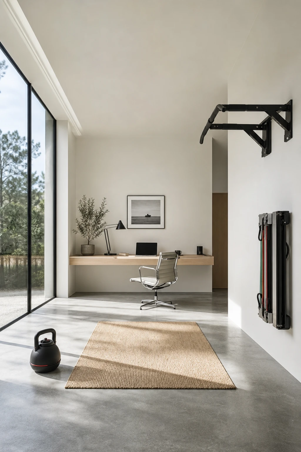 Minimalist home office gym combo with a curated three piece equipment edit against cool white walls in clean natural light