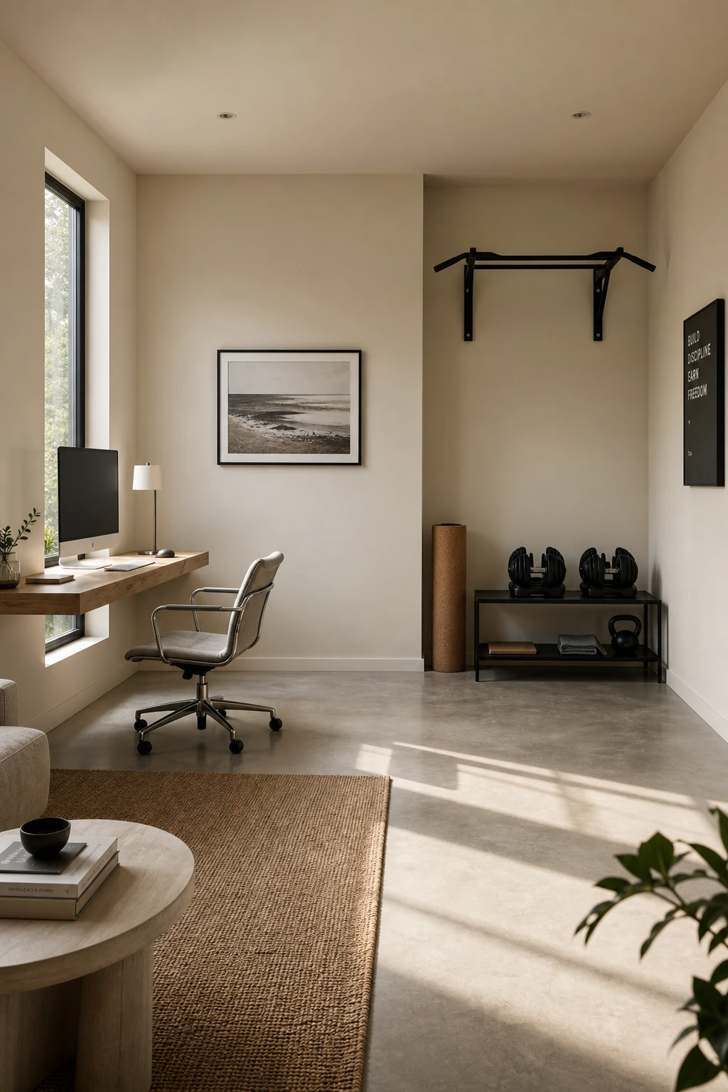 Minimalist home office gym combo with a dedicated workout corner featuring wall mounted equipment, warm neutral walls, and clean lines beside a simple desk zone