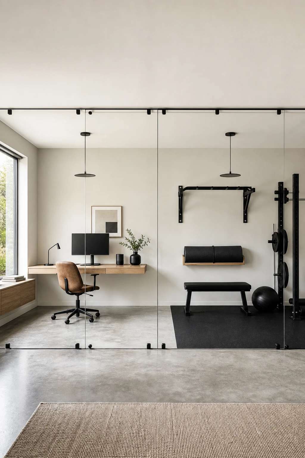 Minimalist home office gym combo with a floor to ceiling glass partition separating a desk workspace from a compact gym zone in cool neutral tones