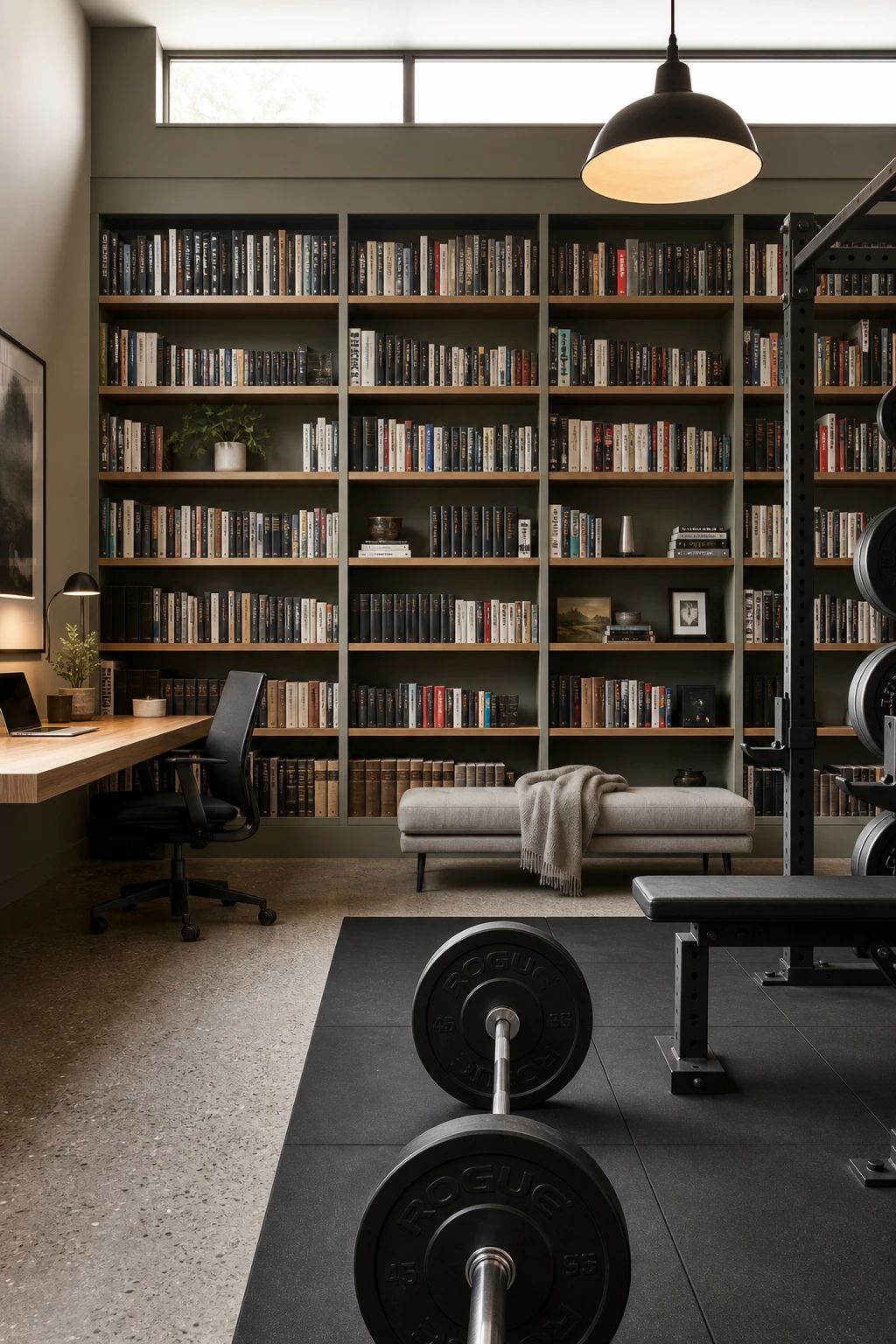 Minimalist home office gym combo with a full library wall of books beside a barbell rack, warm neutral walls, rubber floor tiles, and natural light