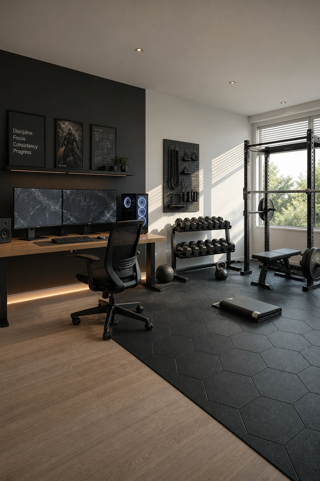 Minimalist home office gym combo with a gaming setup and gym equipment sharing one clean room, painted Farrow & Ball Worsted grey