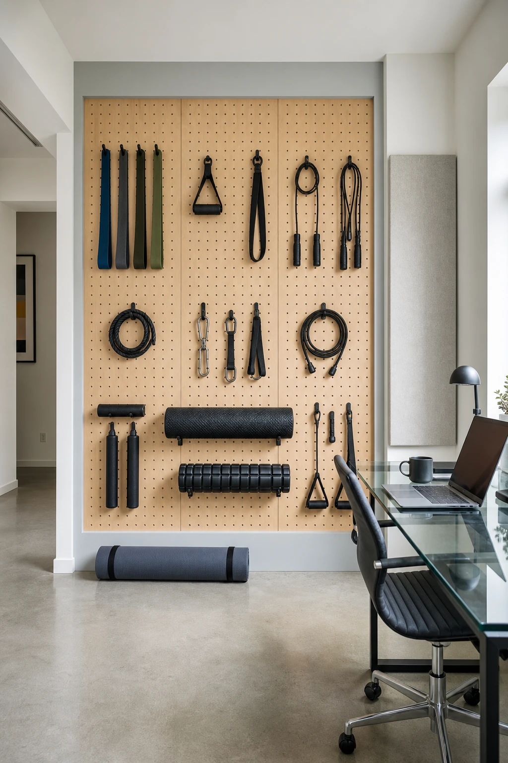 Minimalist home office gym combo with a large pegboard wall organizing resistance bands and straps, painted in Farrow and Ball Hardwick White