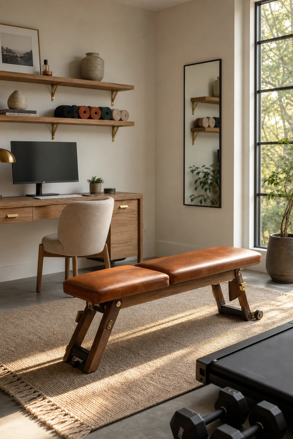 Minimalist home office gym combo with a leather weight bench styled as furniture beside a desk, warm white walls and natural afternoon light
