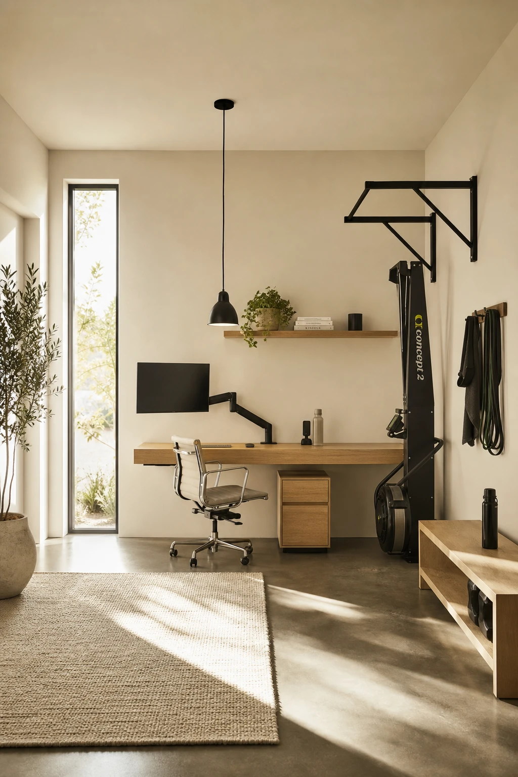 Minimalist home office gym combo with a modern setup featuring a floating desk, compact equipment, warm white walls and natural side light
