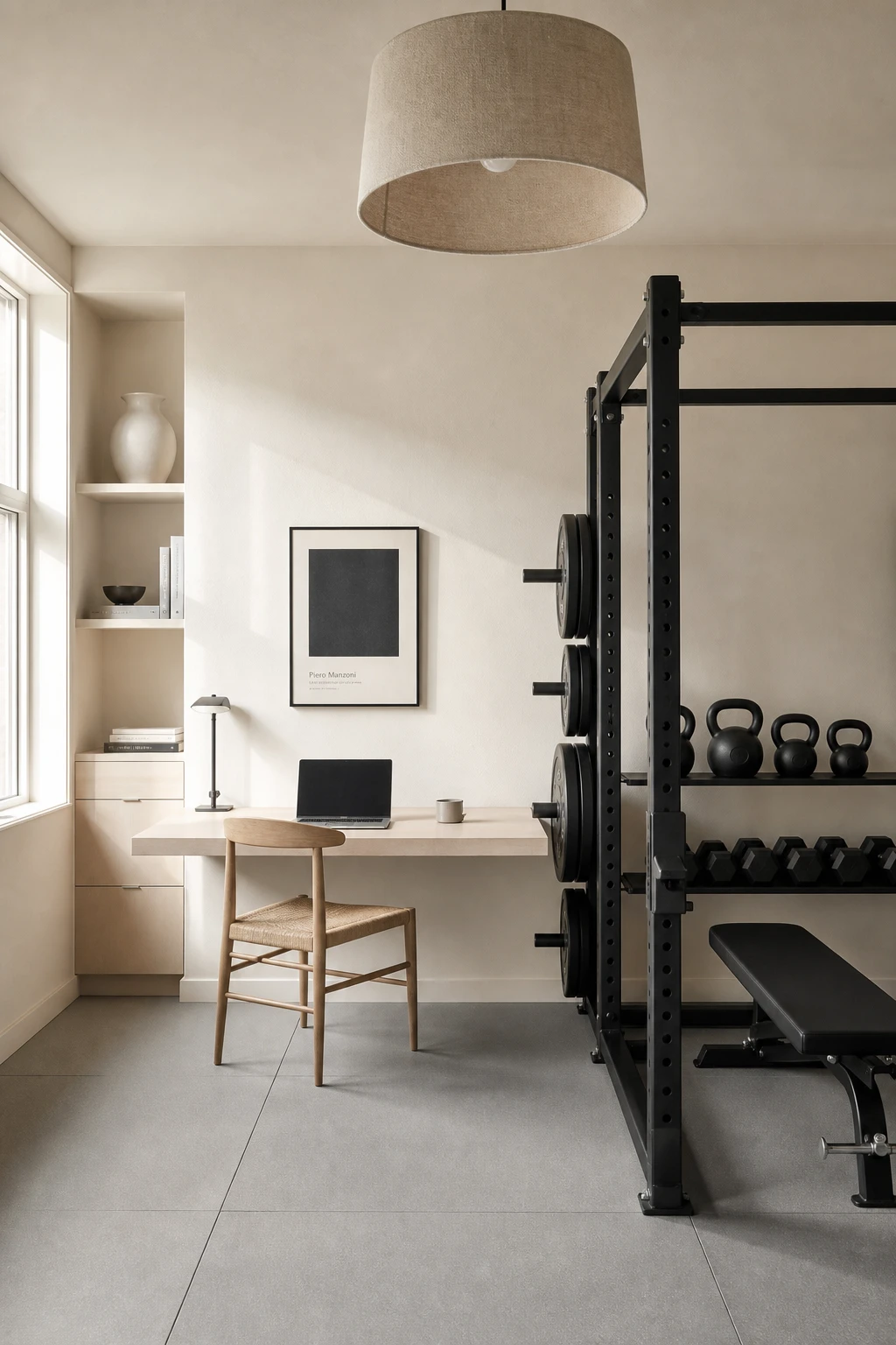 Minimalist home office gym combo with a neutral warm white palette, rubber floor tiles, wall mounted equipment, and a slim desk beneath soft natural light