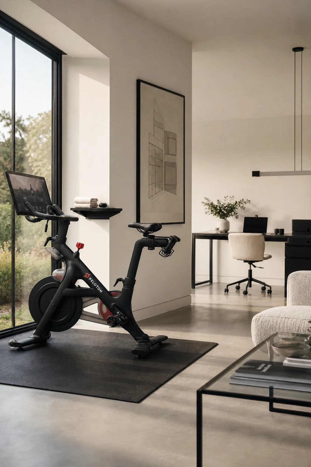 Minimalist home office gym combo with a Peloton bike as the hero, positioned beside a sleek desk zone under cool white walls in natural morning light