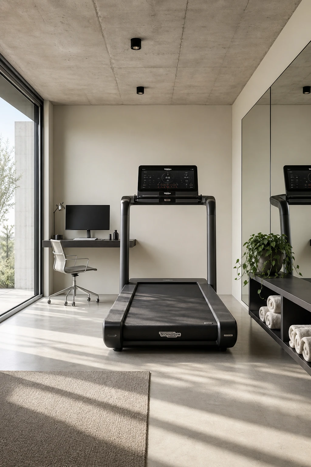 Minimalist home office gym combo with a styled treadmill as the focal point, Farrow and Ball Cabbage White walls, natural light, clean lines