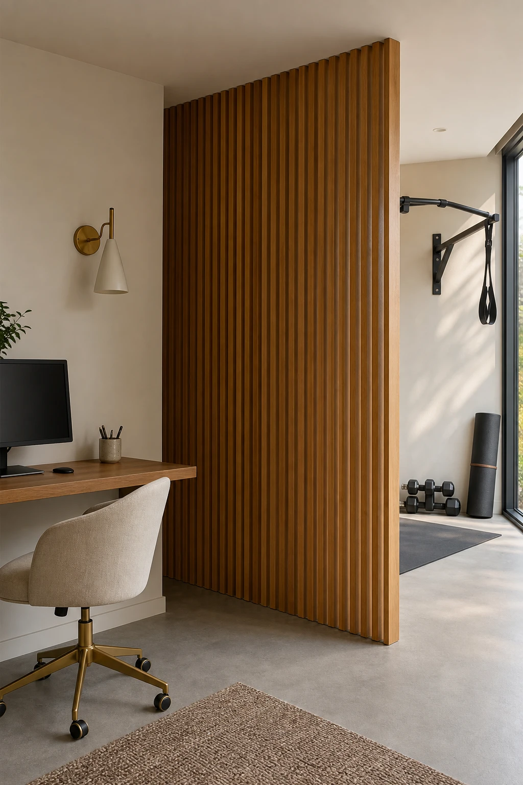 Minimalist home office gym combo with a warm wood slatted room divider separating a desk workspace from a compact exercise zone in soft natural light