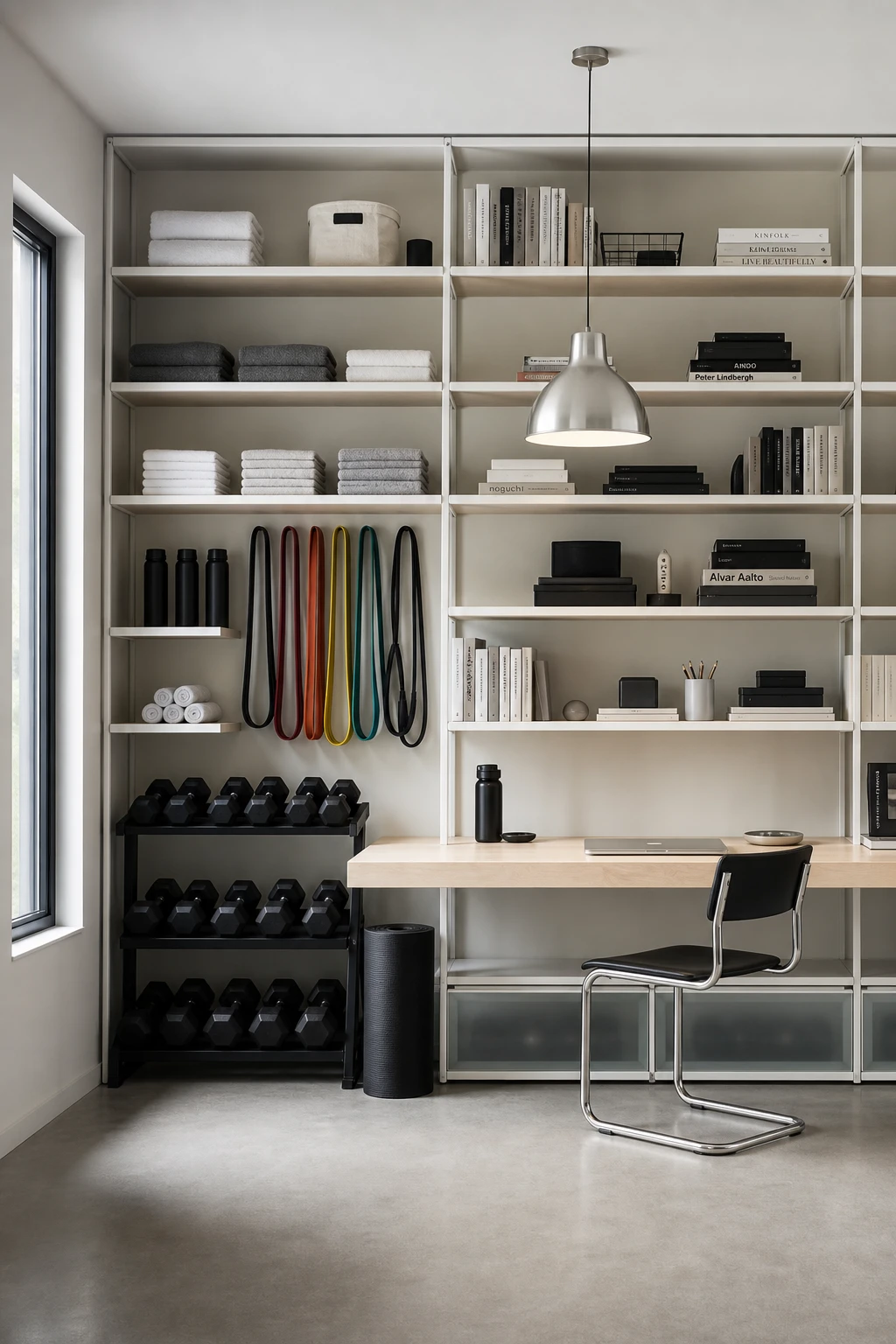 Minimalist home office gym combo with a white Kallax grid storage system holding folded towels, resistance bands, books and desk supplies against a Farrow and Ball Bone painted wall