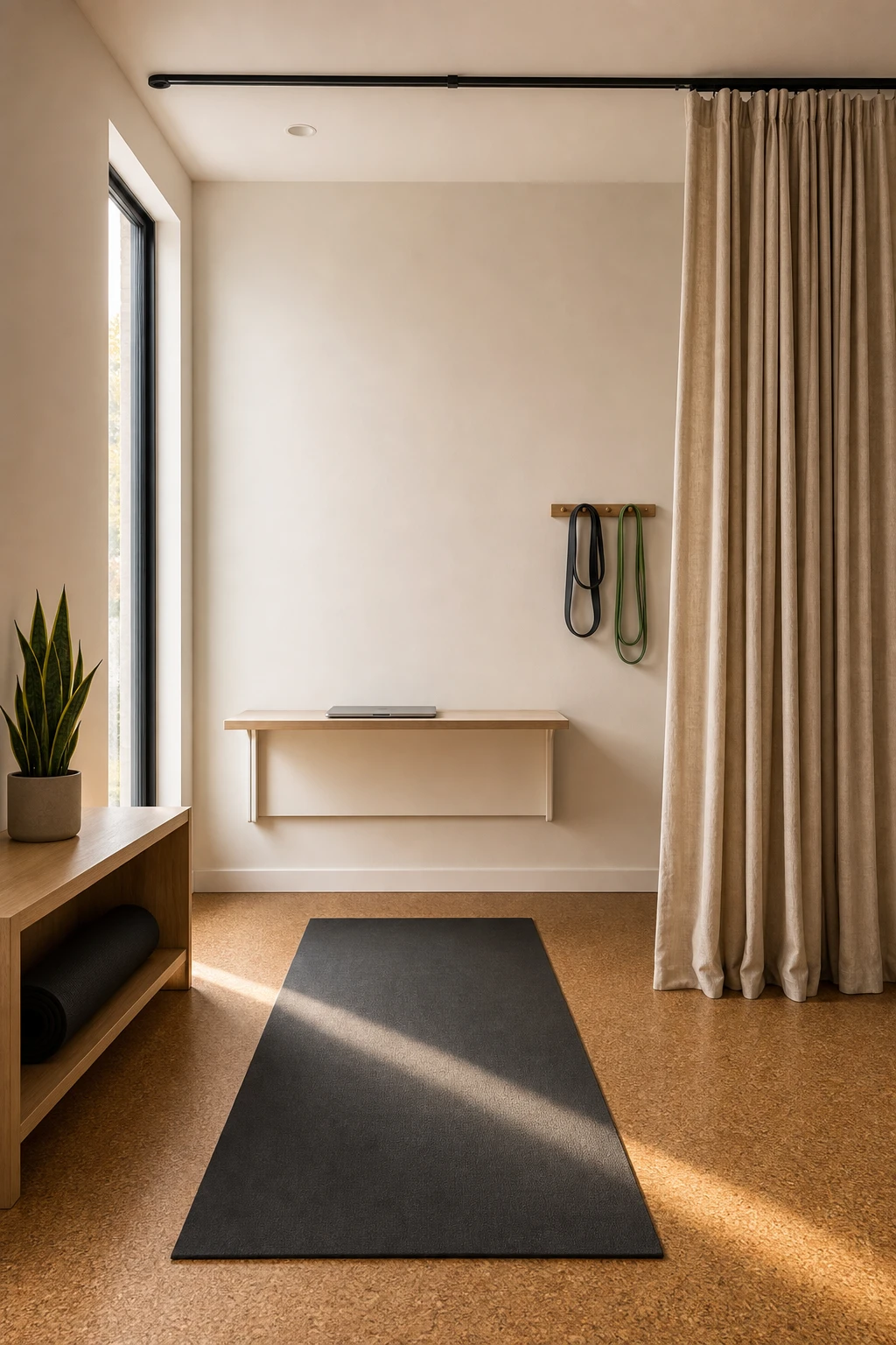 Minimalist home office gym combo with a yoga corner rolled open in seconds, warm neutral walls, cork flooring, and a slim desk tucked to one side