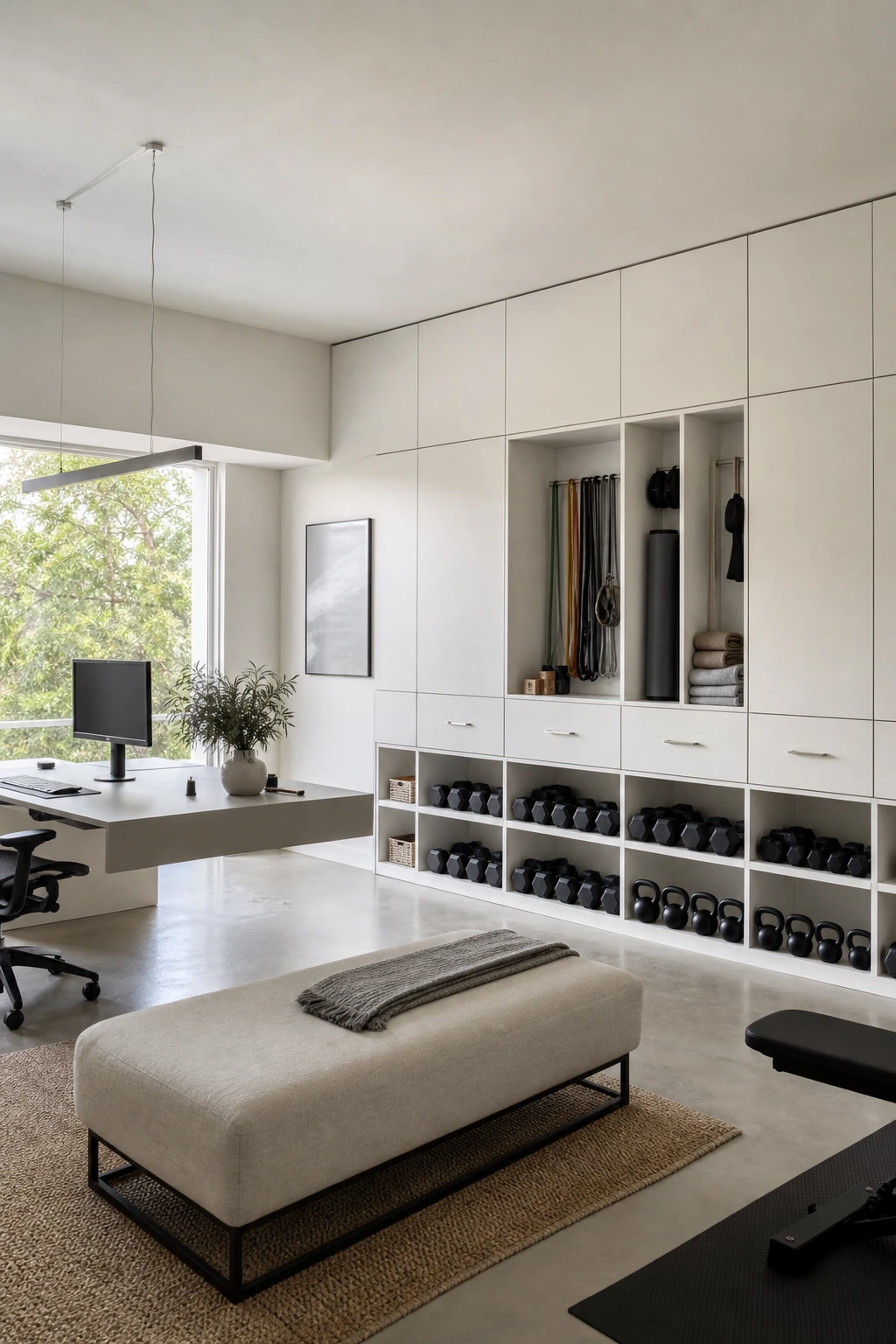 Minimalist home office gym combo with built in equipment storage cabinets, open shelving for weights, a clean desk zone, and warm white walls in natural light