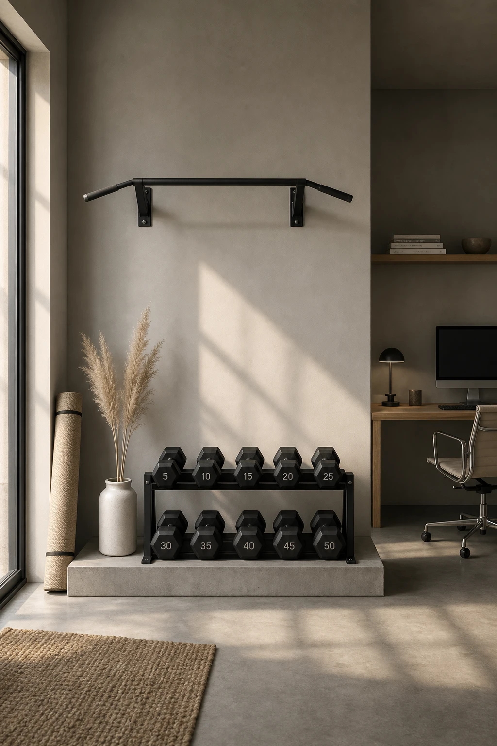 Minimalist home office gym combo with curated gym styling, white walls, neatly arranged equipment and soft natural light from a side window