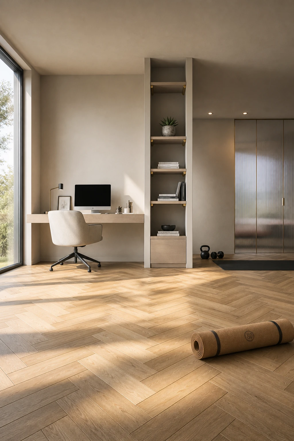 Minimalist home office gym combo with herringbone wood floor unifying a desk zone and exercise area beneath warm neutral walls painted Farrow and Ball Skimming Stone