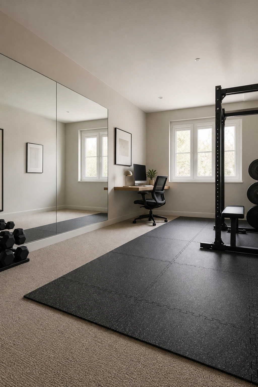 Minimalist home office gym combo with layered gym mats over carpet, clean desk zone, wall mirror, and Farrow and Ball Elephants Breath walls in warm neutral light