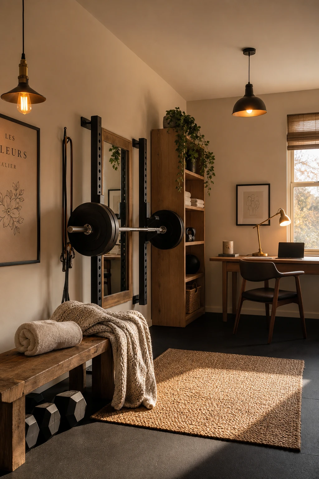 Minimalist home office gym combo with warm lighting and soft textiles creating a cosy atmosphere, walls painted Farrow and Ball Au Lait warm white