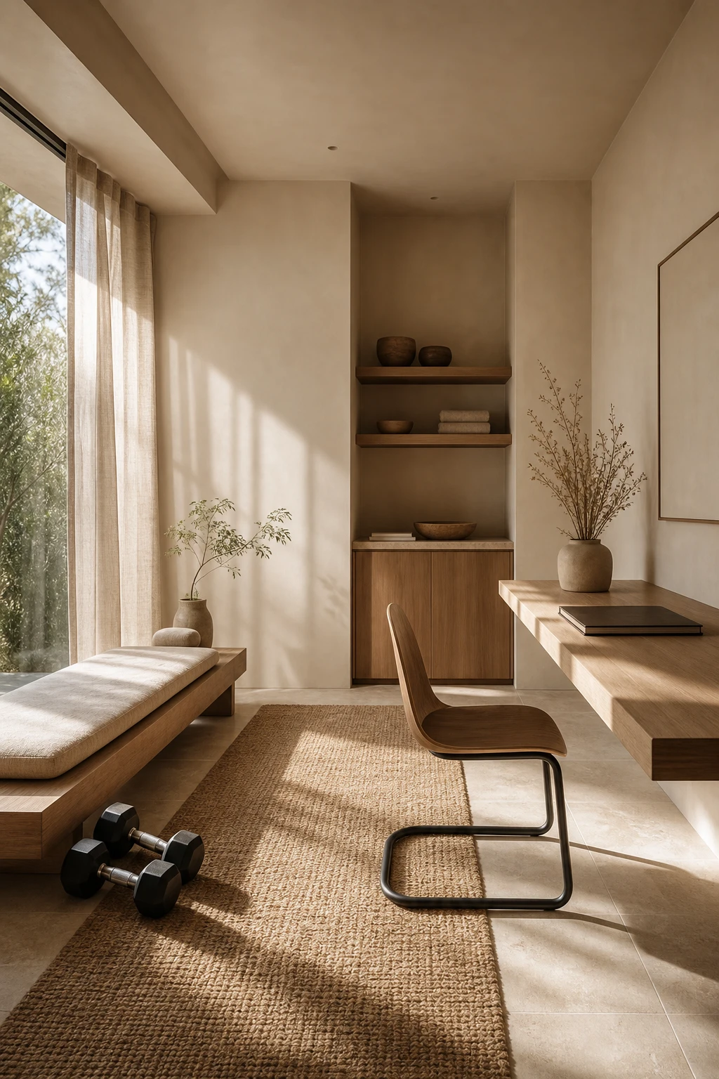 Minimalist home office gym combo with wellness aesthetic, warm neutral walls in Farrow and Ball Dimity, natural light, clean lines, calm sensory mood
