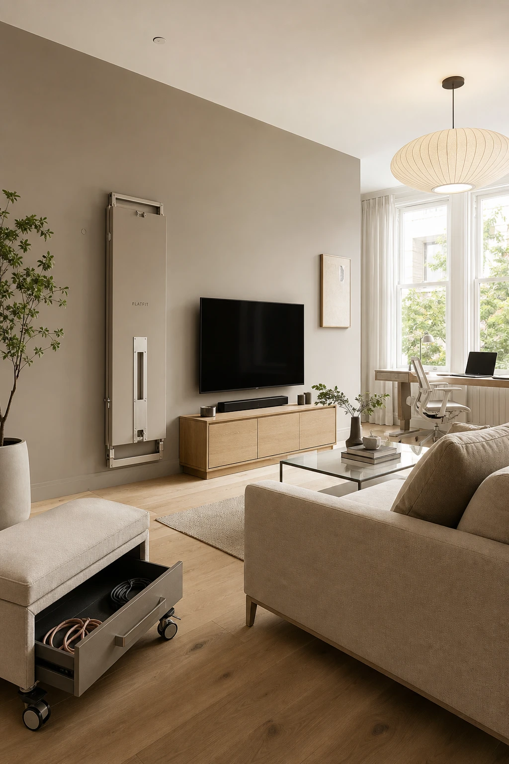 Minimalist living room gym combo with foldaway equipment stored flush against a warm neutral Ammonite painted wall, natural morning light, clean reset ready space