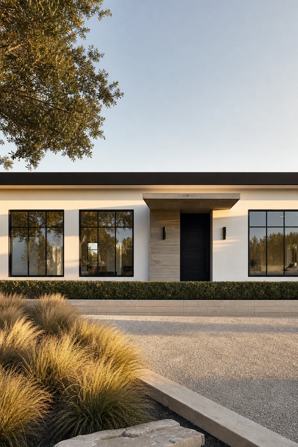 Modern black and white ranch exterior with a dramatic flat roof line, crisp white facade, black window frames, and a concrete entry path in warm afternoon light