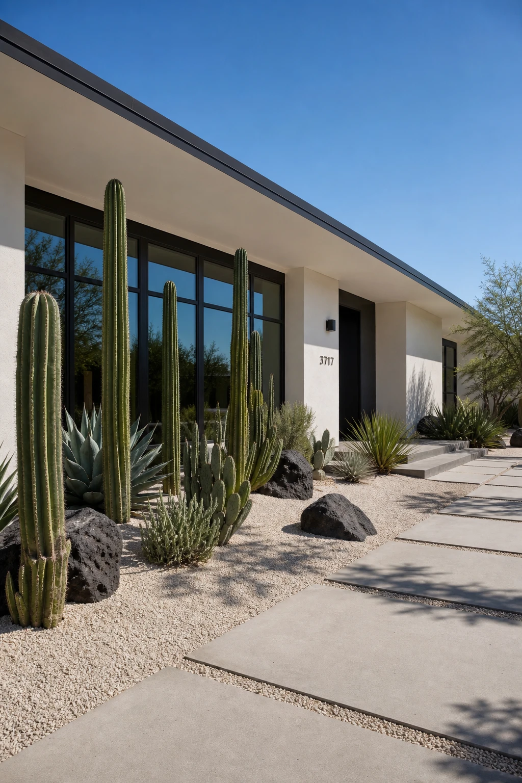 Modern black and white ranch exterior with tall cacti and sculptural succulents as hero landscaping, white facade in Farrow & Ball Salt paint, midday desert light