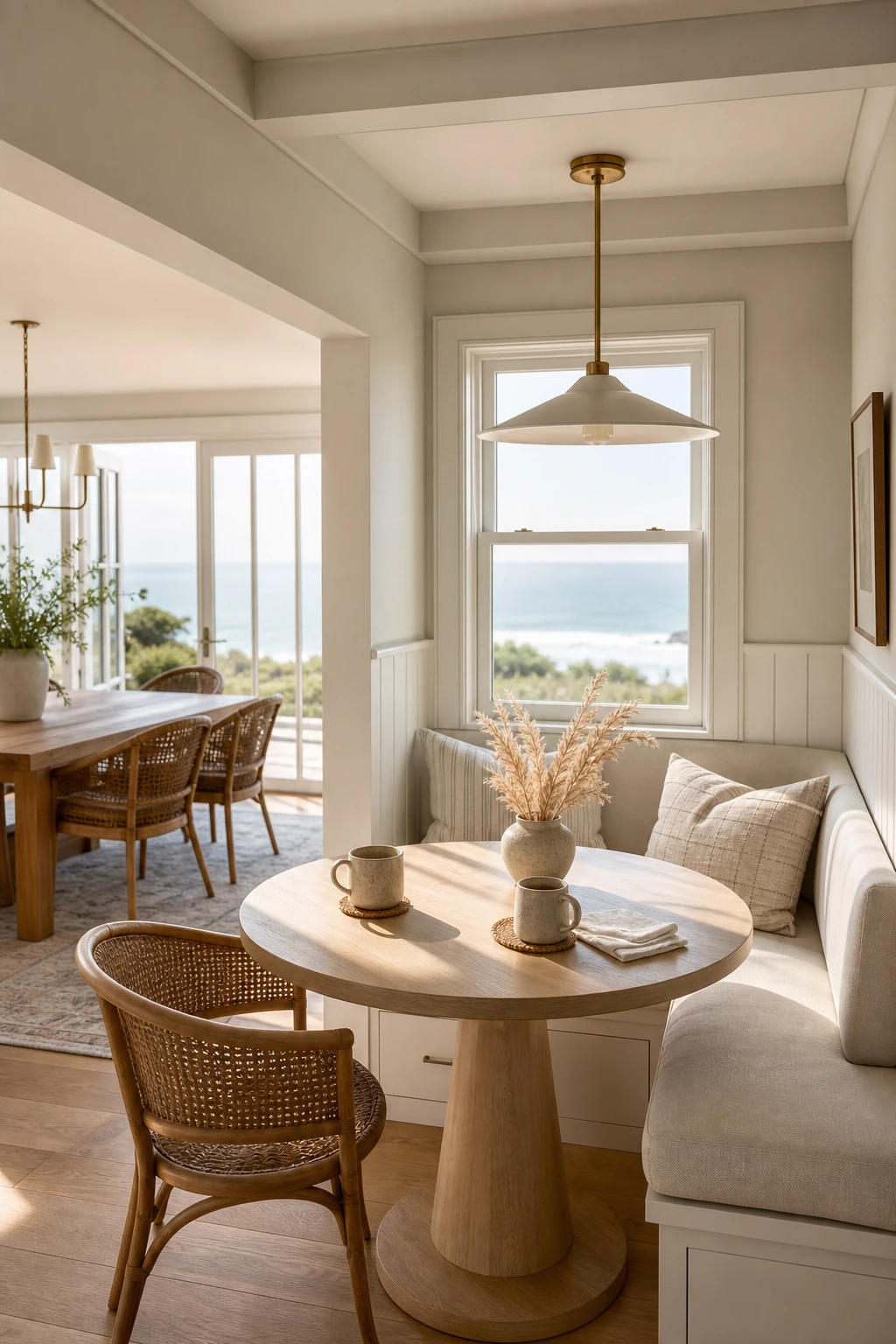 Modern coastal dining room breakfast nook with built in bench seating, linen cushions, and Farrow and Ball Borrowed Light walls bathed in soft morning light