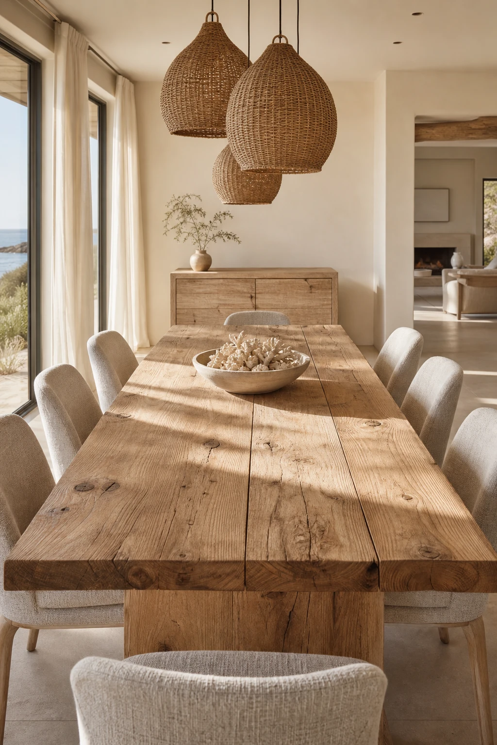 Modern coastal dining room centered on a natural wood table with visible grain and knots, warm white walls, linen chairs, and soft natural light