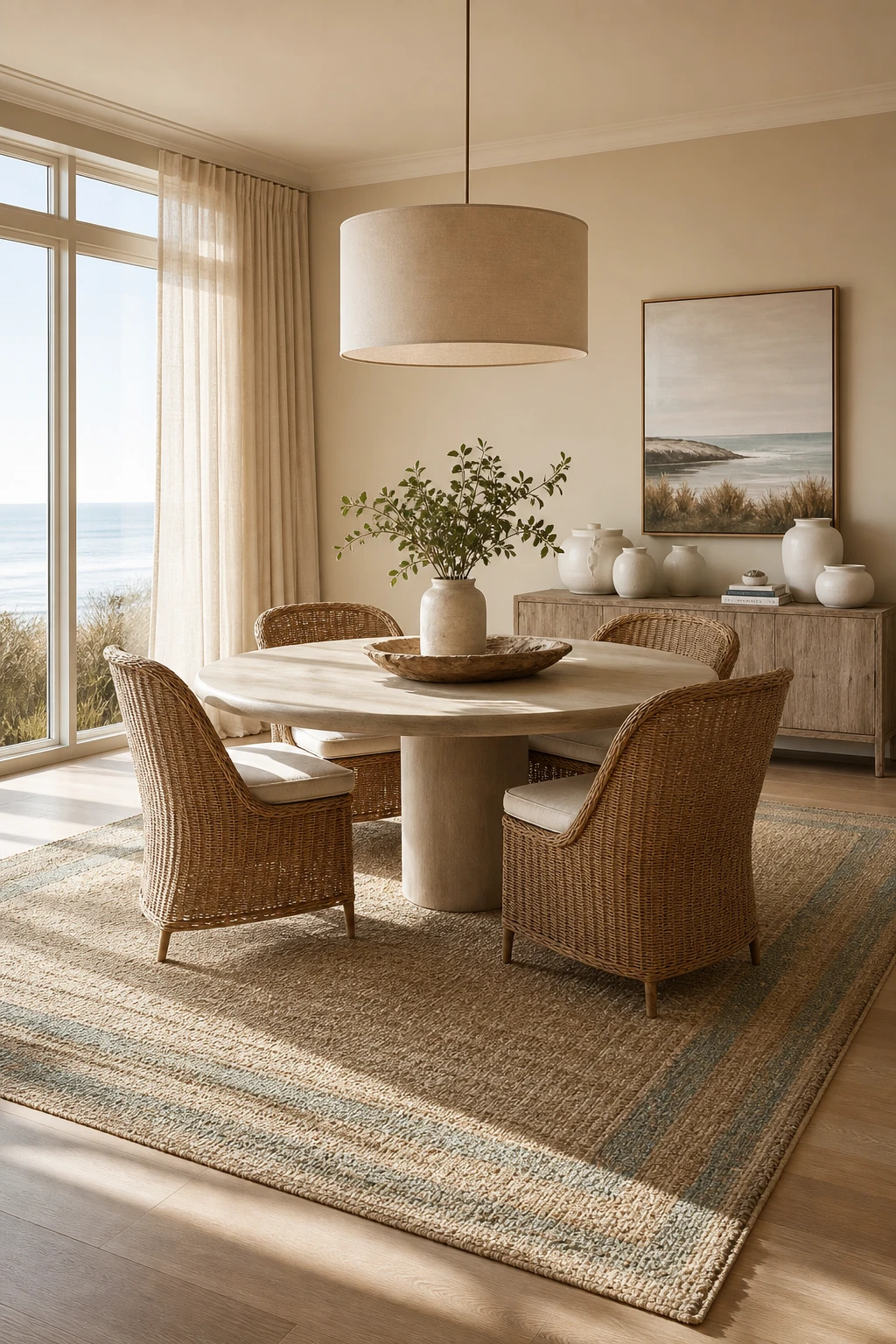 Modern coastal dining room grounded by a textured coastal rug beneath a round table, warm neutral walls, rattan chairs, and soft natural light