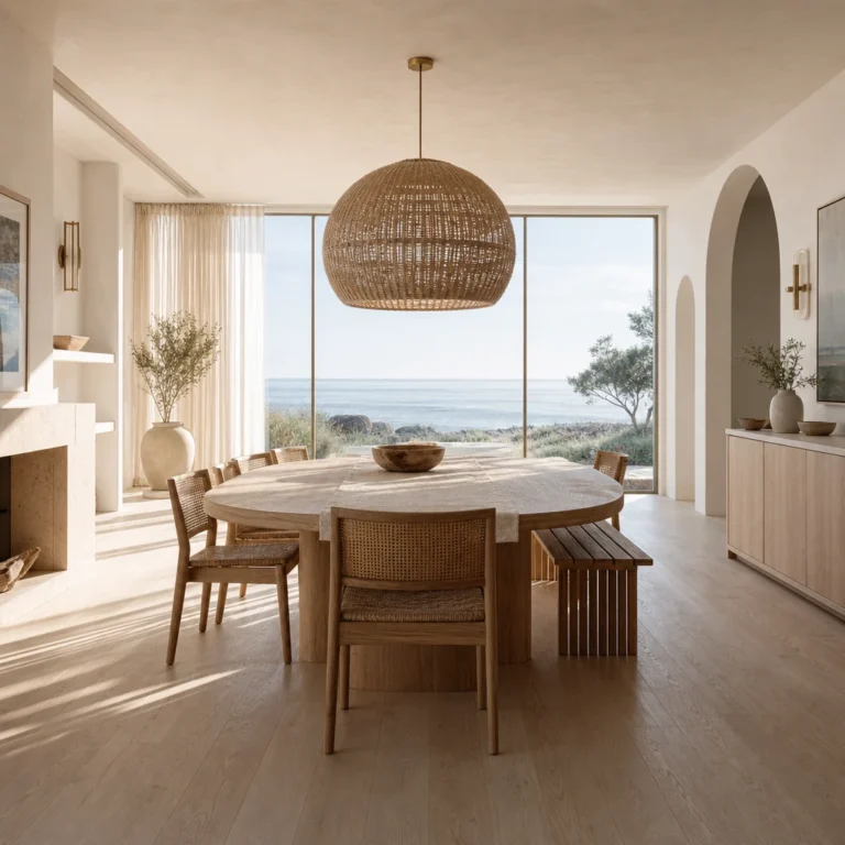 Modern coastal dining room with an oval oak table, cane back chairs, a timber bench, large rattan pendant, and tall glazed windows framing an ocean view in warm late morning light.