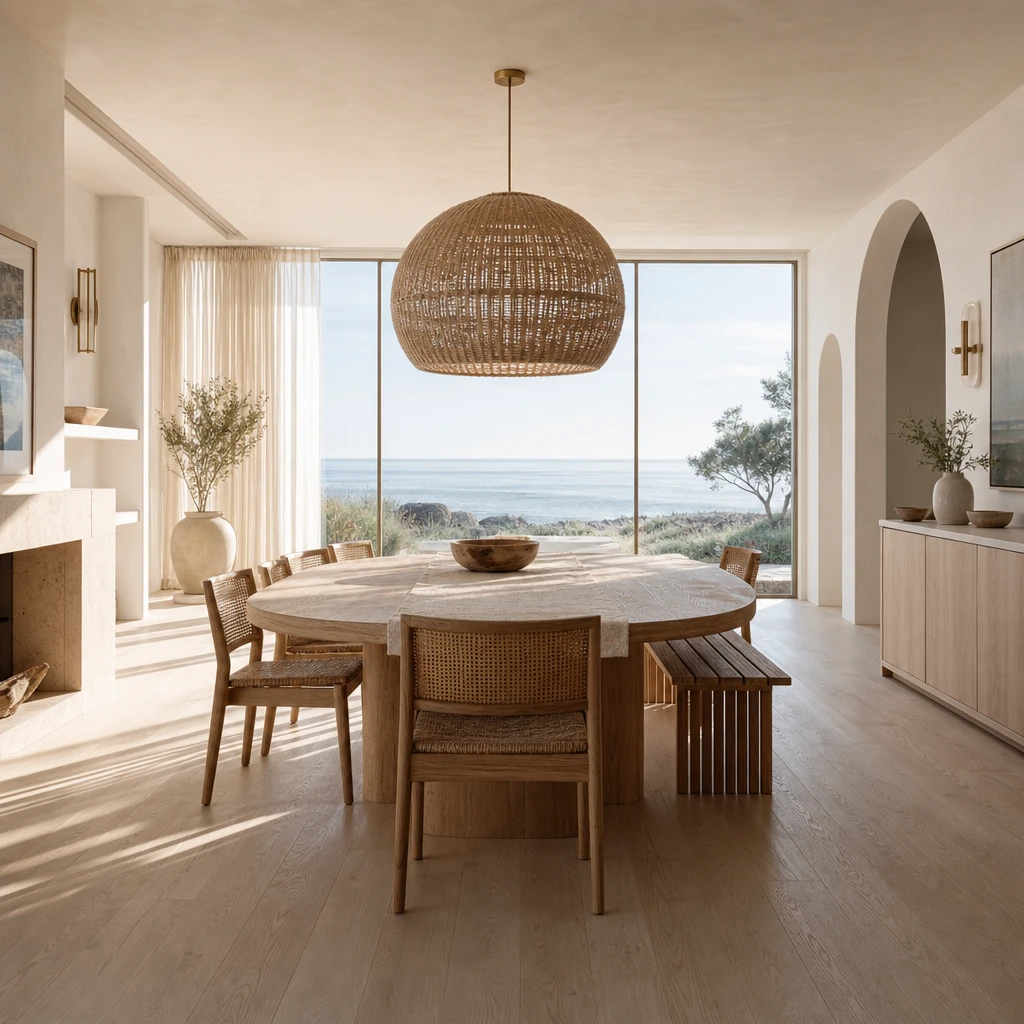 Modern coastal dining room with an oval oak table, cane back chairs, a timber bench, large rattan pendant, and tall glazed windows framing an ocean view in warm late morning light.
