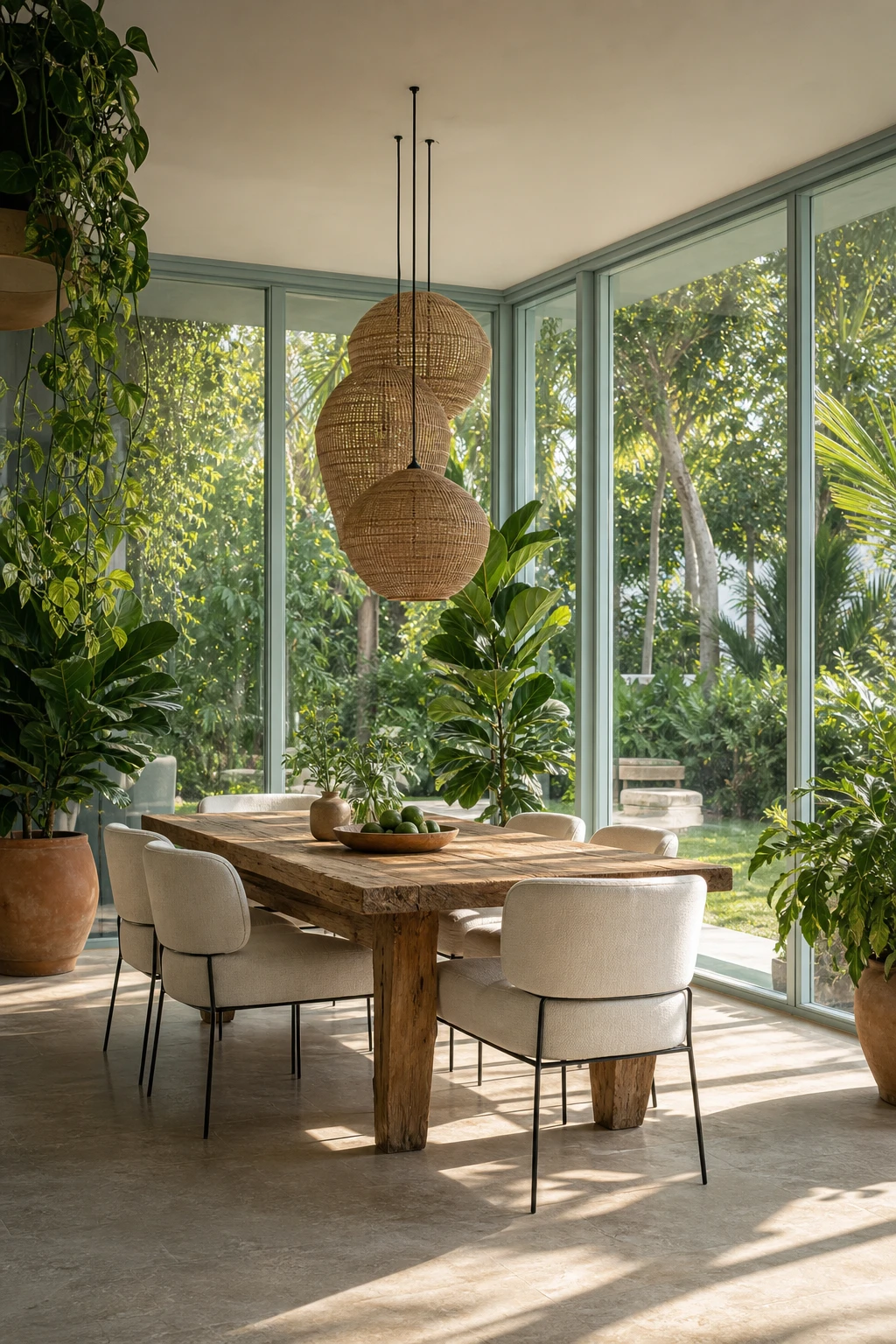 Modern coastal dining room in a sunroom with floor to ceiling glass walls, rattan pendant, teak table, linen chairs and Farrow and Ball Pale Powder painted trim