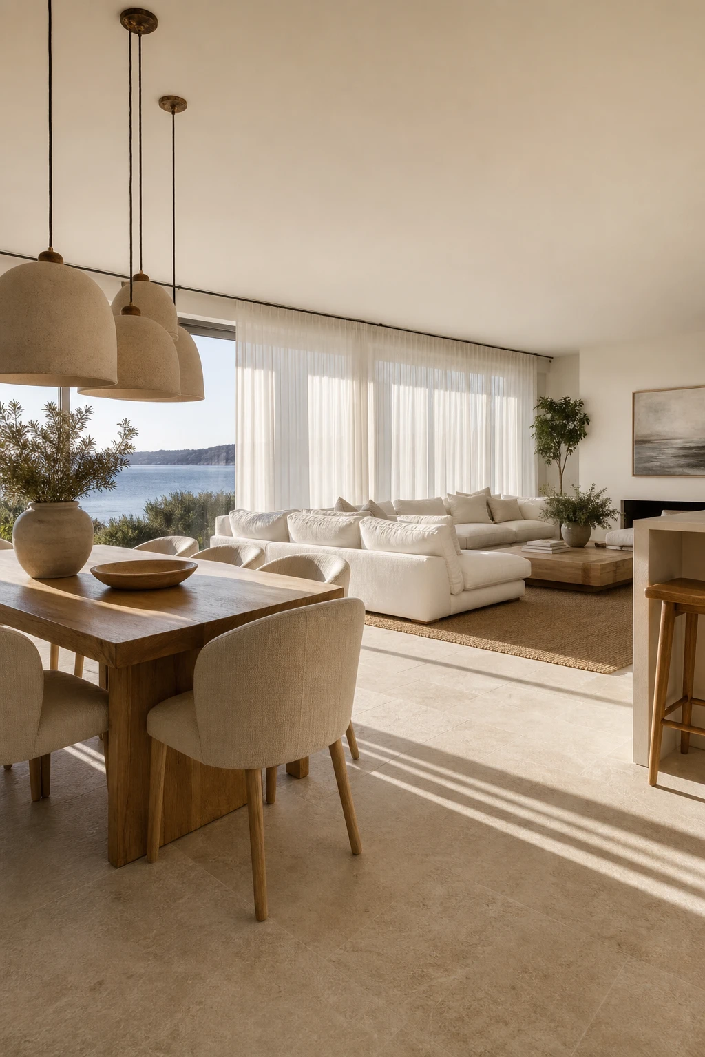Modern coastal dining room open to living area with zoned spaces, warm neutral walls, natural light, and relaxed coastal materials throughout