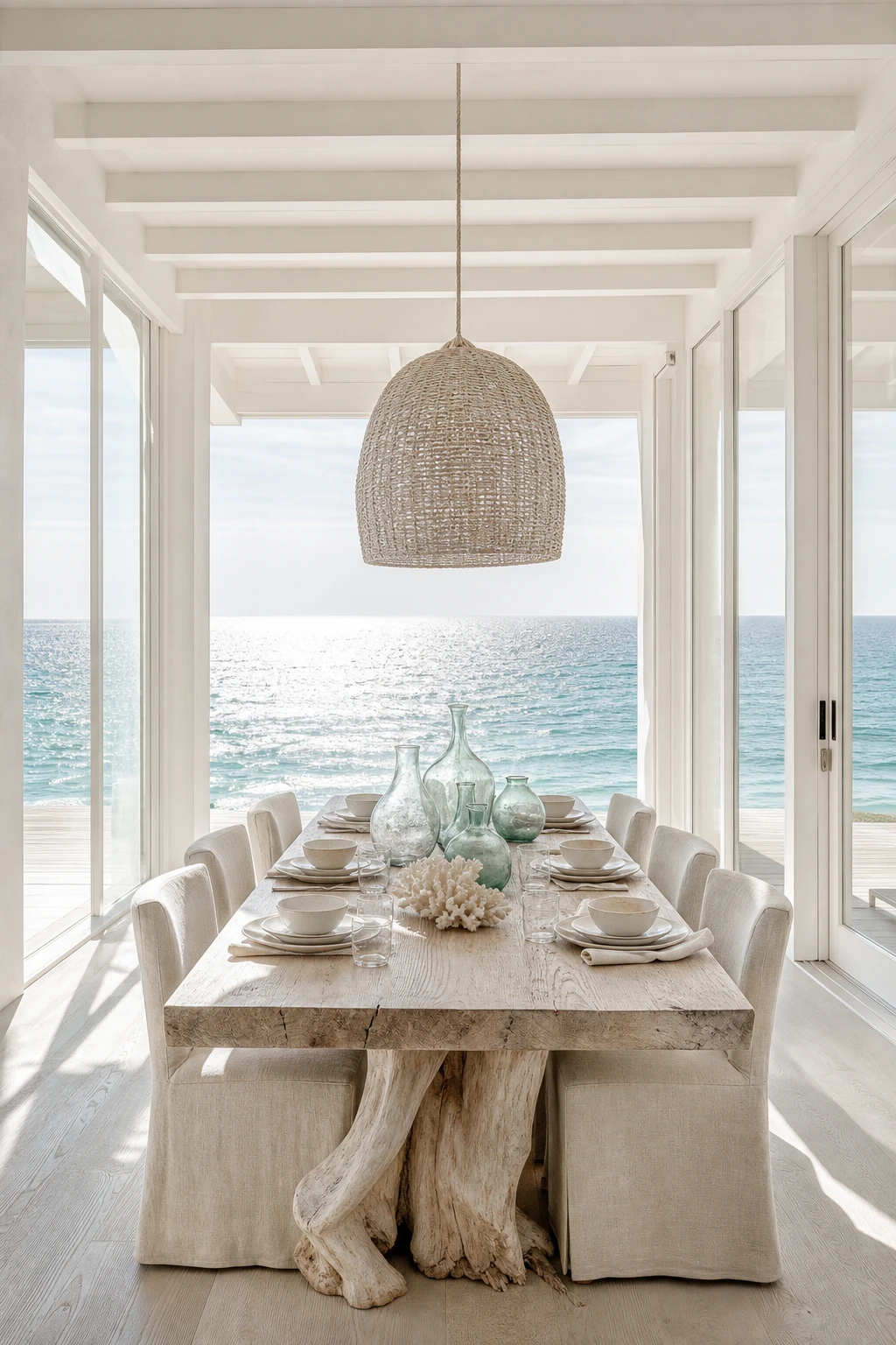 Modern coastal dining room painted all white with ocean view windows, driftwood table, linen chairs, and warm afternoon light reflecting off the sea