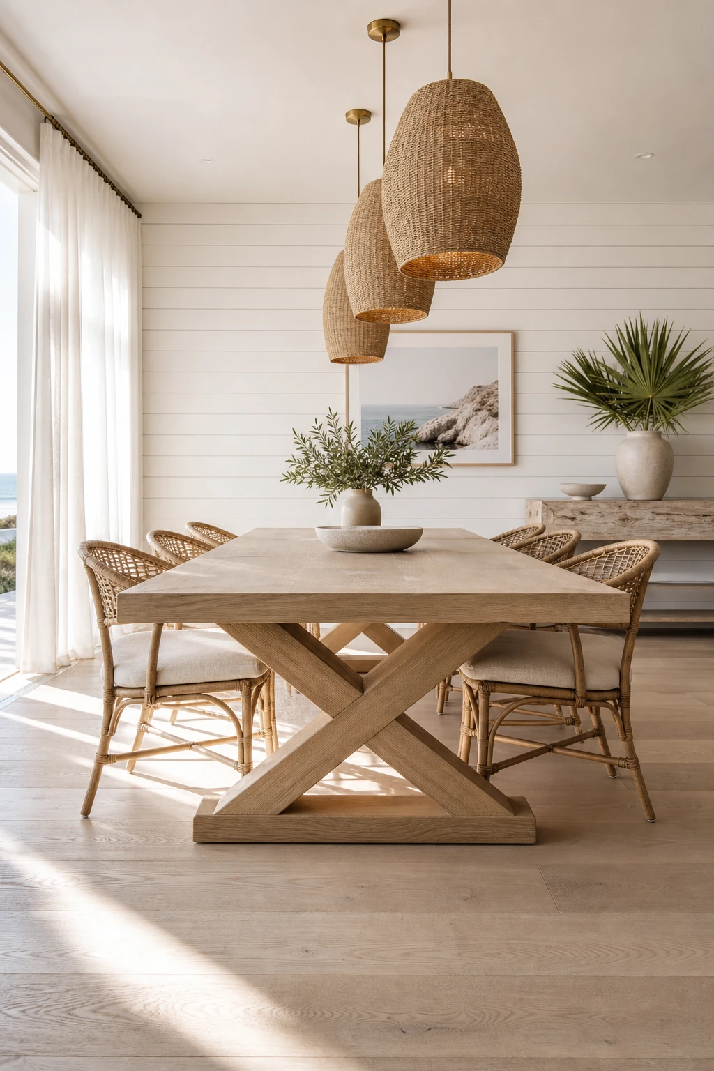 Modern coastal dining room with a cross leg base dining table as the hero, surrounded by rattan chairs, linen drapes, and shiplap walls painted Great White