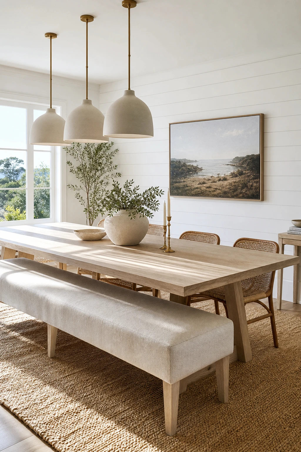 Modern coastal dining room with a long upholstered bench as the hero seating element alongside a pale wood dining table, cool white walls