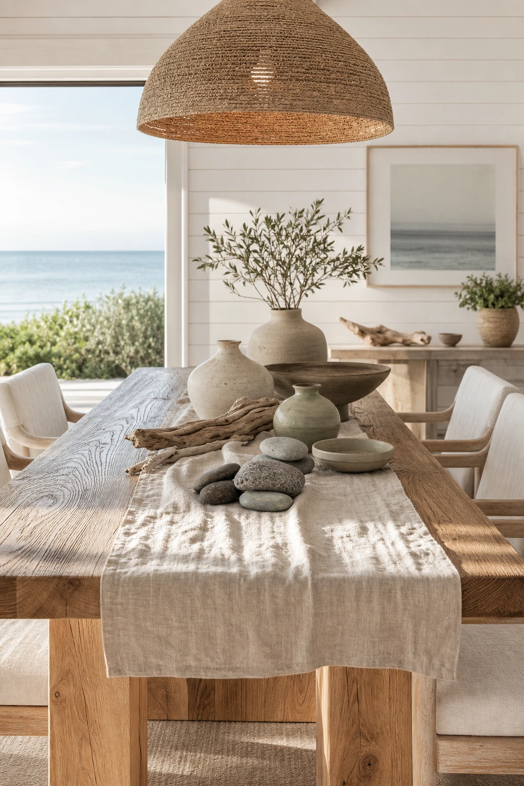 Modern coastal dining room with a natural wood table styled with driftwood, linen, ceramic vessels and warm white walls in soft morning light