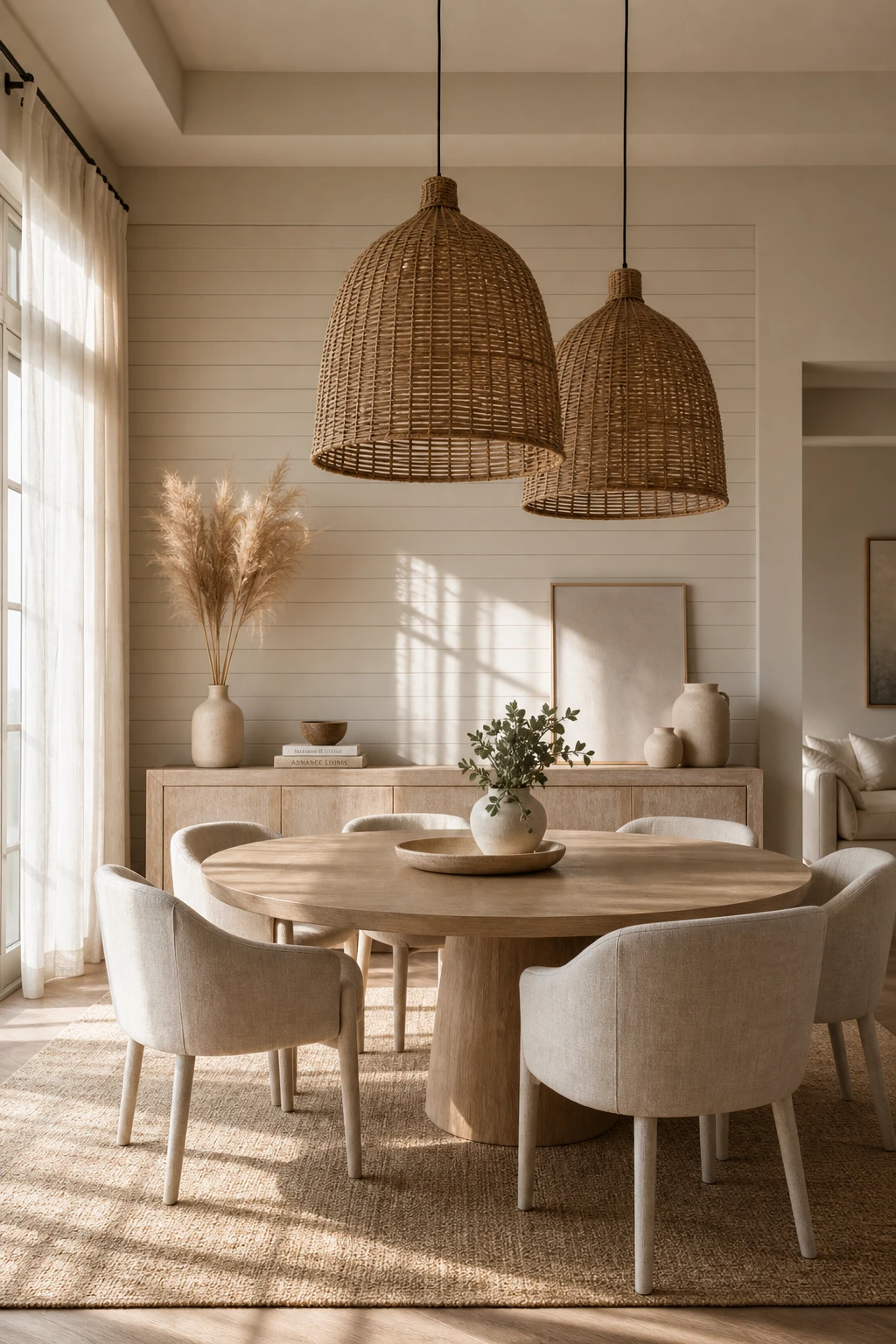 Modern coastal dining room with a neutral palette featuring warm white walls, a round oak table, linen chairs, woven pendant lights and soft natural light