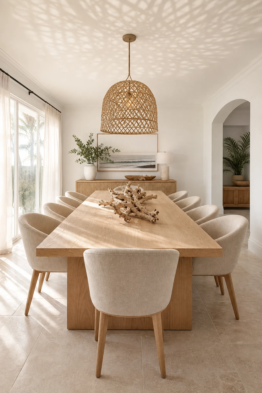 Modern Coastal Dining Room with a pale natural wood dining table as the hero, surrounded by linen chairs, rattan pendant, and Farrow & Ball House White walls