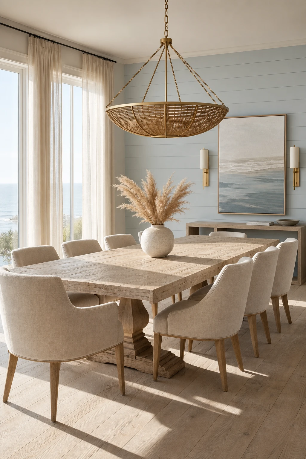 Modern coastal dining room with a woven rattan chandelier as the hero, driftwood table, linen chairs, shiplap wall in Farrow and Ball Skylight paint, soft natural light