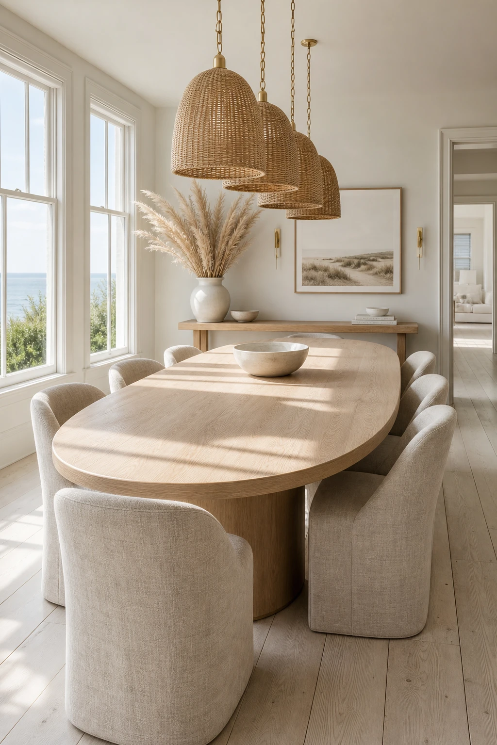 Modern coastal dining room with an oval table as the centerpiece, Cornforth White walls, rattan pendants, linen chairs and wide plank oak flooring in soft natural light