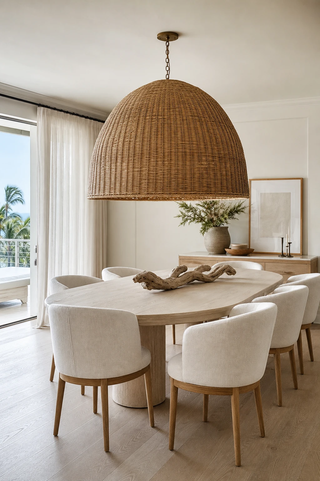 Modern Coastal Dining Room with an oversized rattan pendant light centered over a dining table, warm white walls, natural linen and driftwood tones throughout