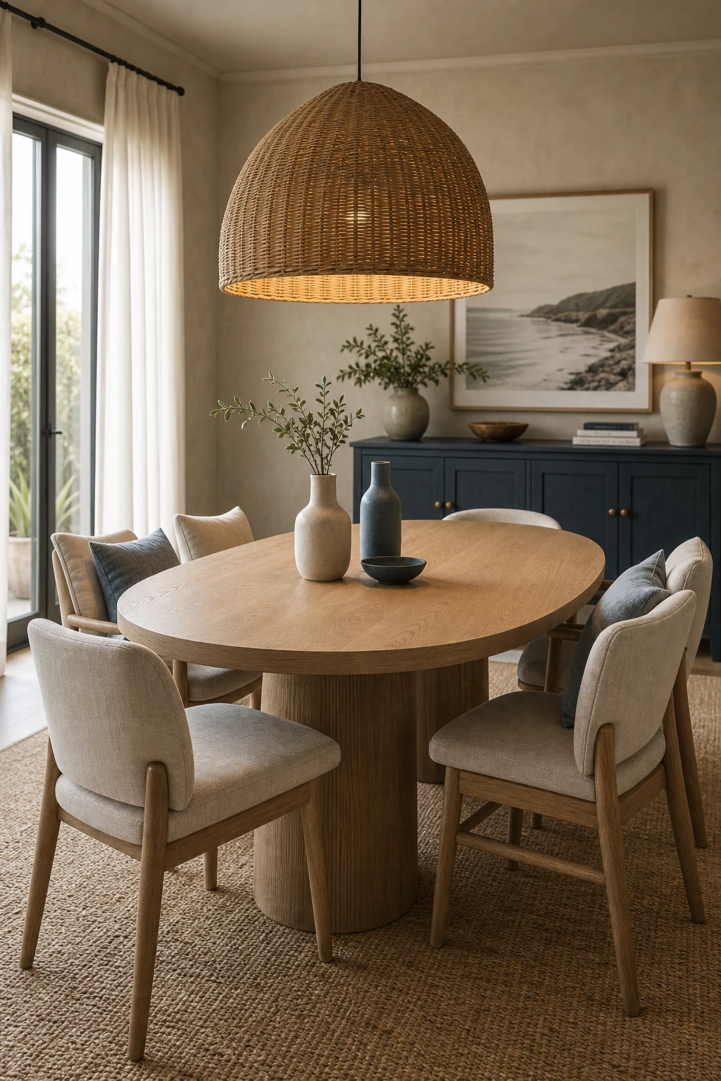 Modern coastal dining room with blue accents including a painted sideboard and cushions, natural linen chairs, rattan pendant, and white walls with warm afternoon light