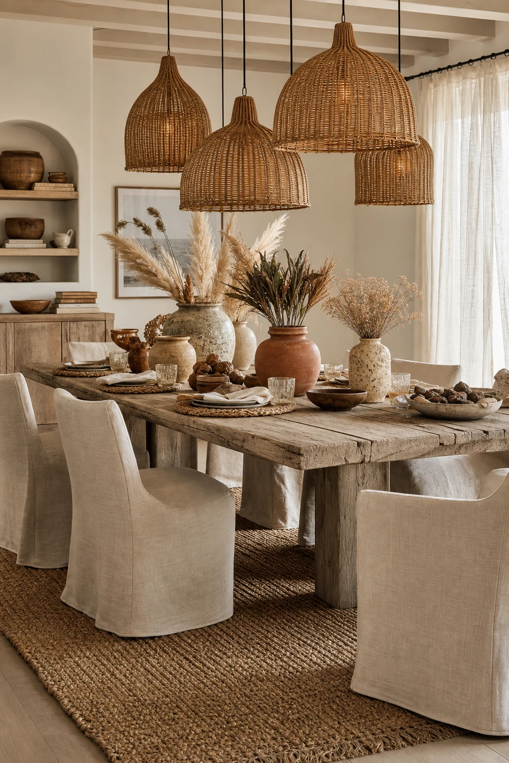 Modern coastal dining room with boho coastal layering, rattan pendants, jute rug, woven placemats, driftwood table and Farrow and Ball Joas White walls