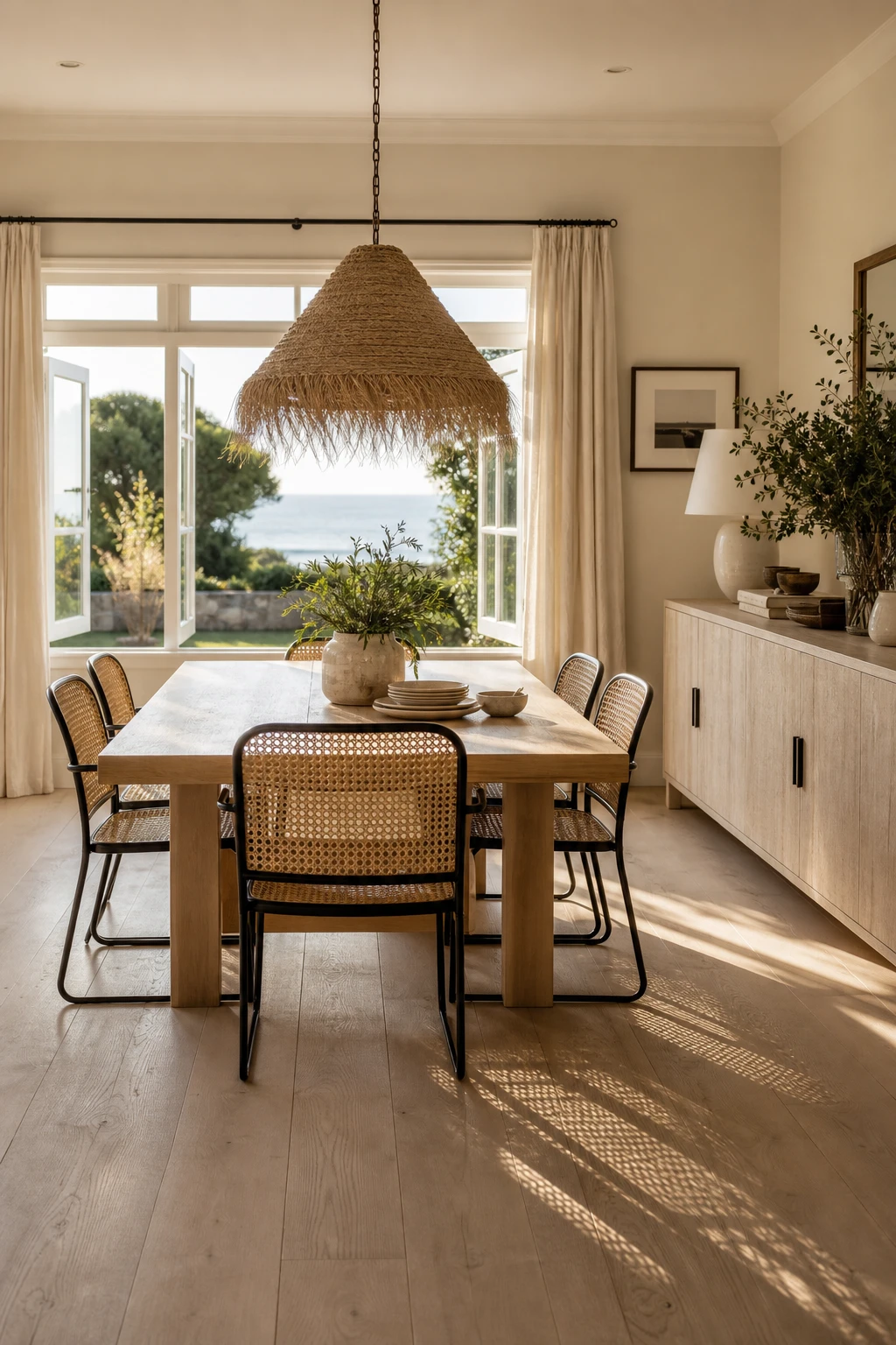 Modern coastal dining room with cane back chairs around a pale wood table, warm neutral walls, linen curtains, and rattan pendant light overhead