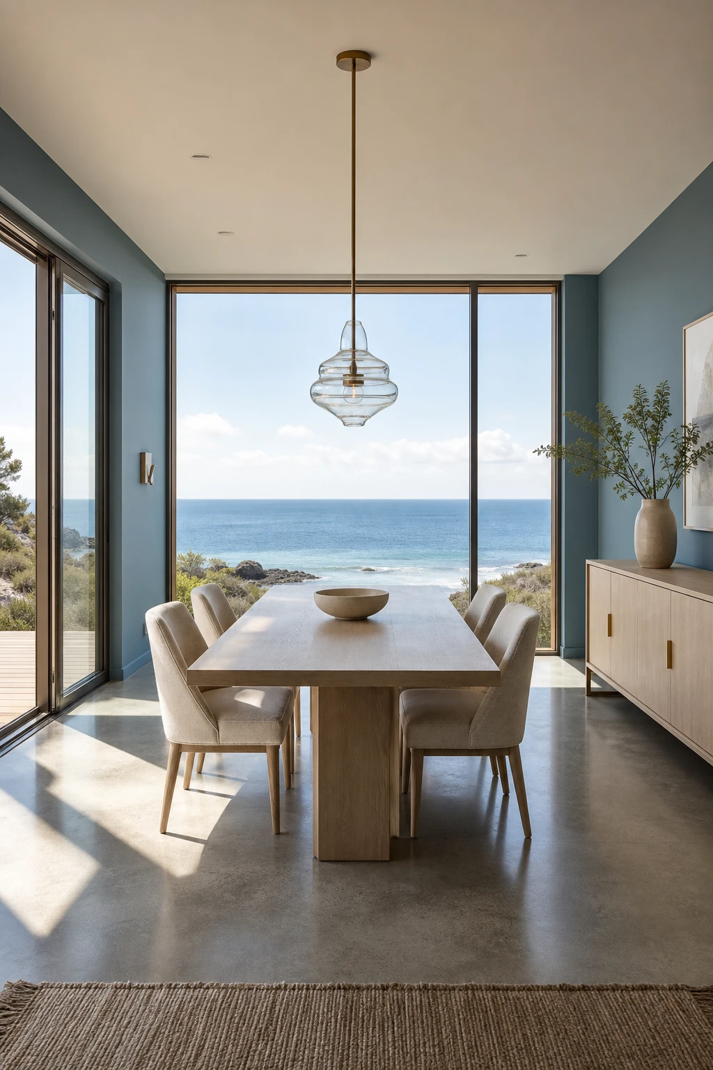 Modern coastal dining room with floor to ceiling windows framing an ocean view, dining table centered on the view, Farrow and Ball Lulworth Blue walls
