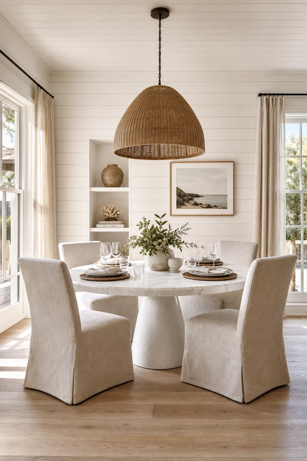 Modern Coastal Dining Room with Hamptons Classic style featuring shiplap walls, white trim, linen drapes and a round pedestal table bathed in warm afternoon light