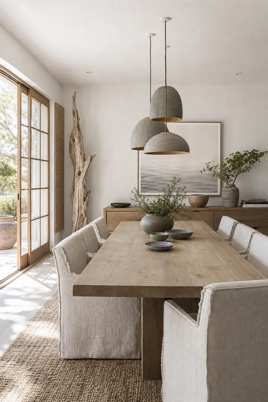 Modern Coastal Dining Room with Japandi styling, pale oak table, linen chairs, wabi sabi ceramic pendant, Strong White walls, sheer curtains, morning light