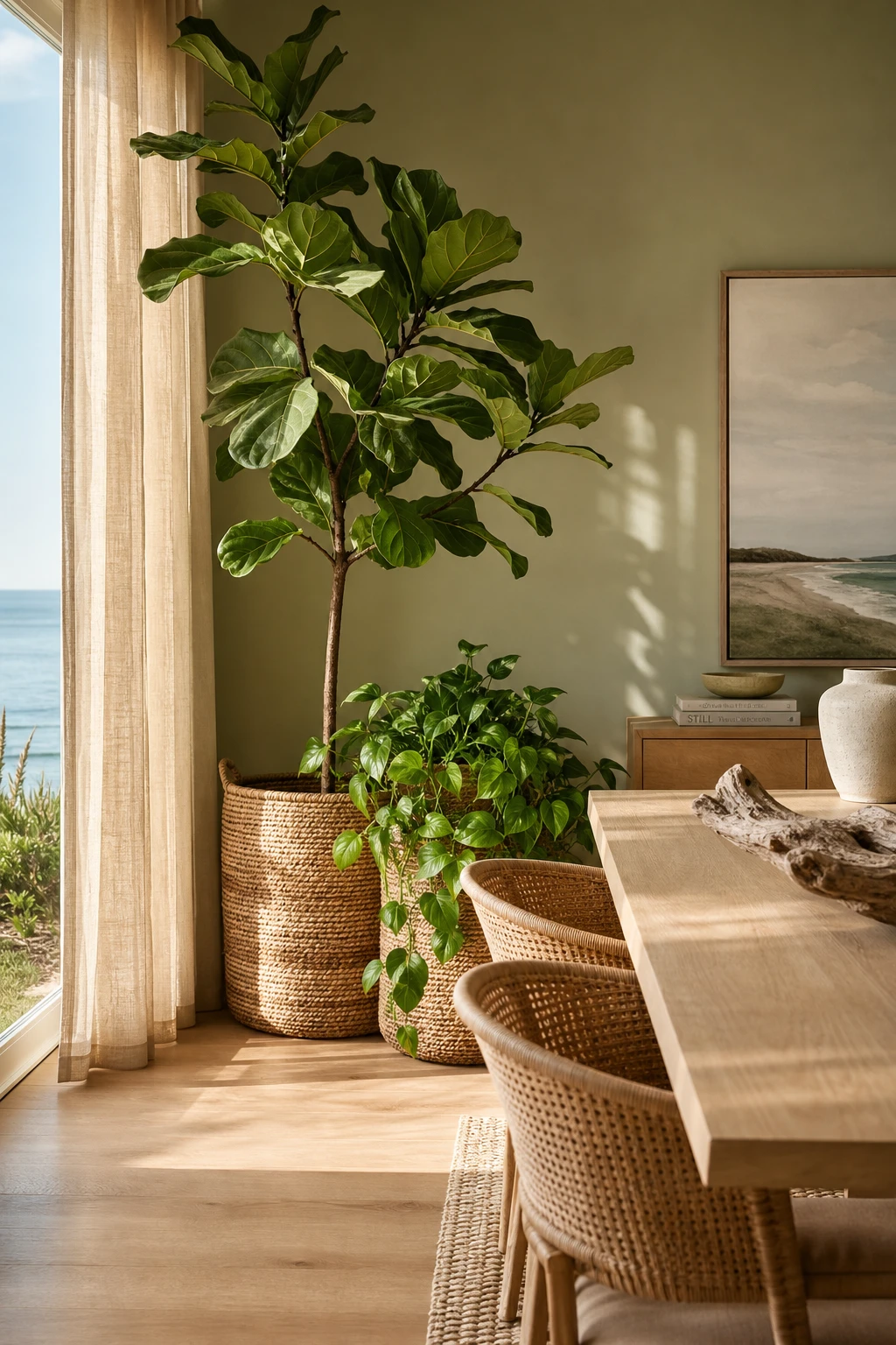 Modern coastal dining room with large leafy plants softening a pale sage green wall beside a white oak table and rattan chairs under warm evening light