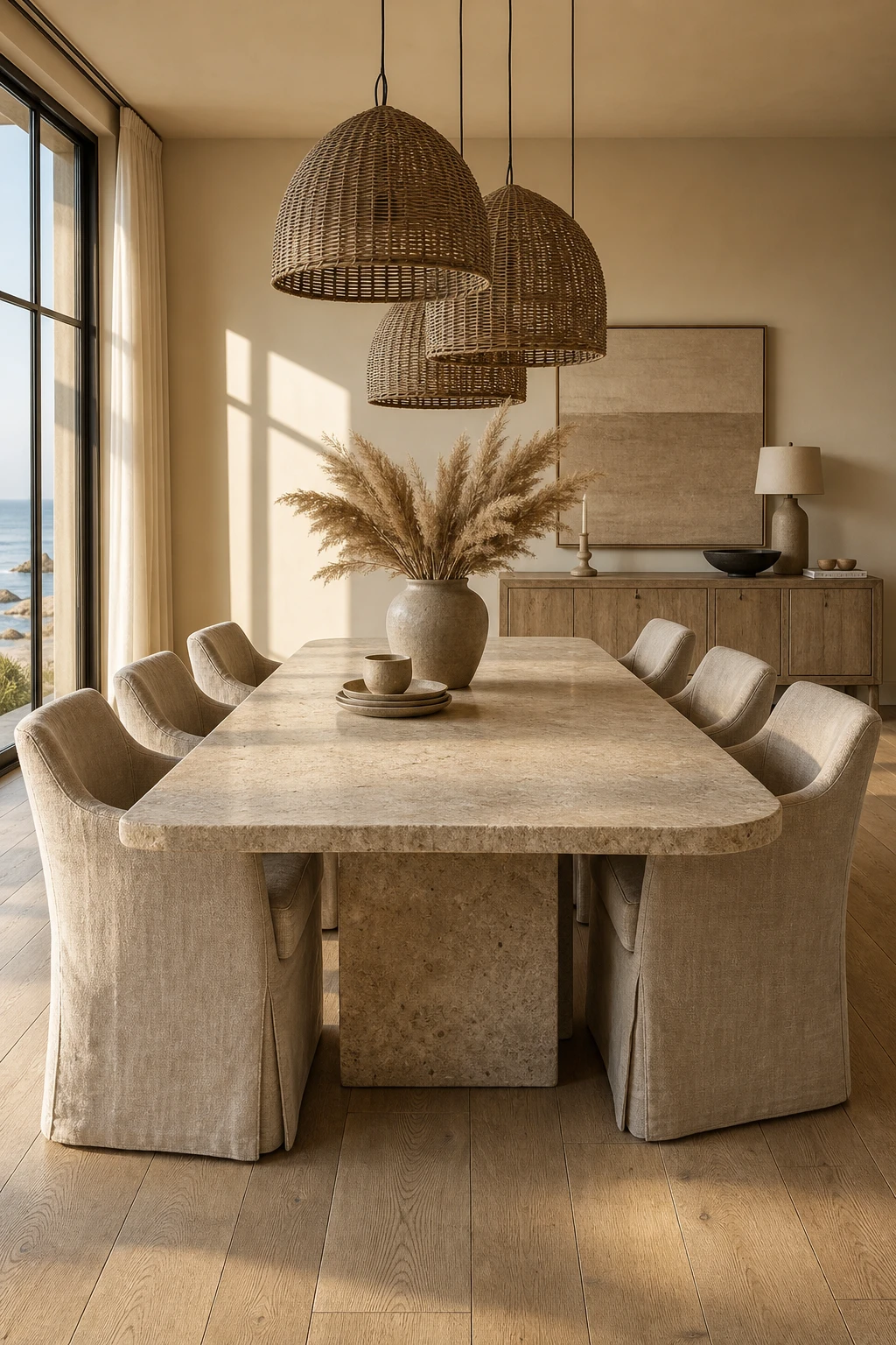 Modern coastal dining room with natural texture layering linen chairs, rattan pendants, stone table and pale wood floor painted in Farrow and Ball Tallow warm neutral tones