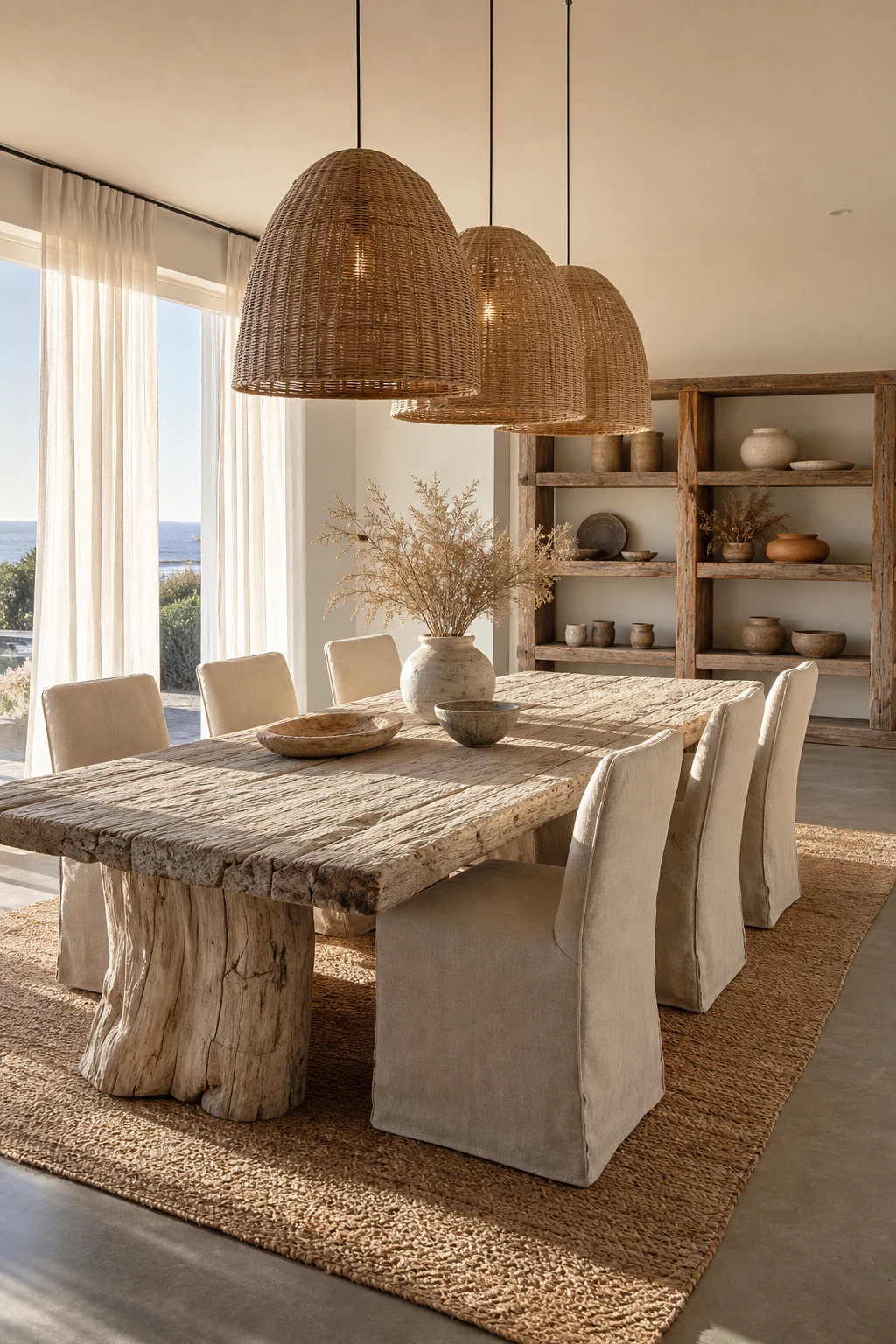 Modern coastal dining room with rustic coastal mix of weathered wood table, linen chairs, woven pendants, and Farrow & Ball Pointing warm white walls