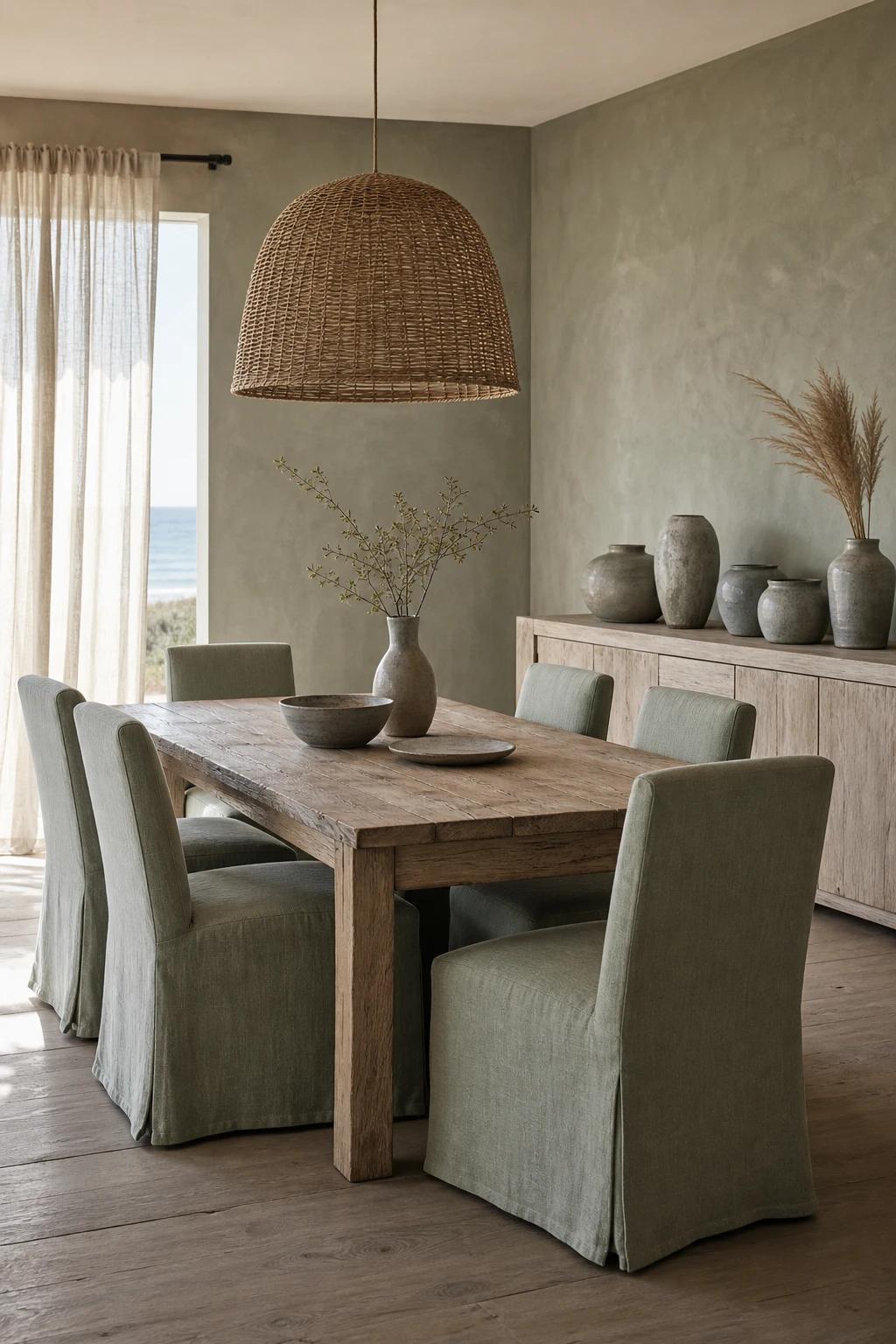 Modern coastal dining room with sage green and grey palette, linen chairs, driftwood table, and soft natural light through sheer curtains